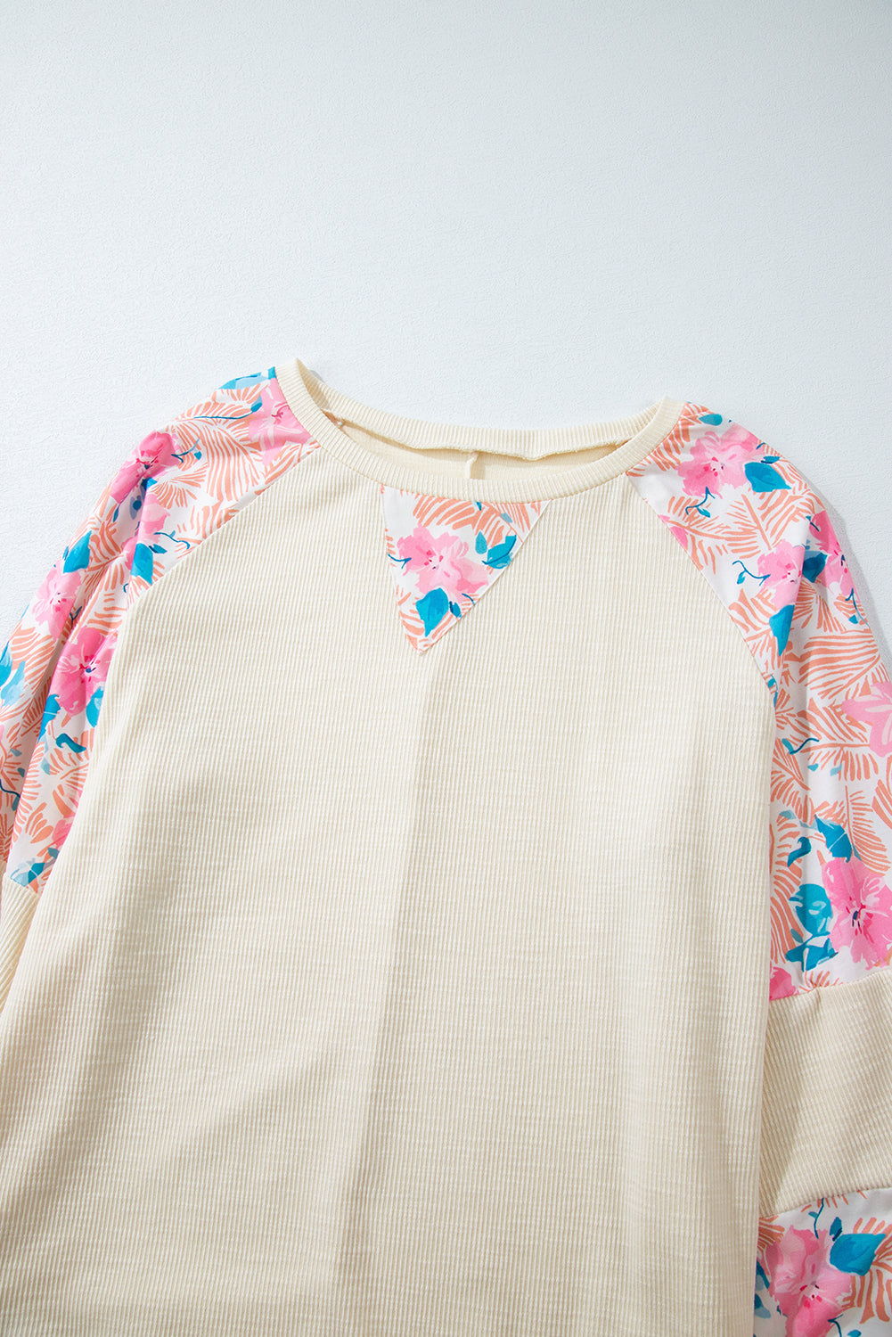 Apricot Floral Patchwork Puff Sleeve Plus Size Ribbed Top